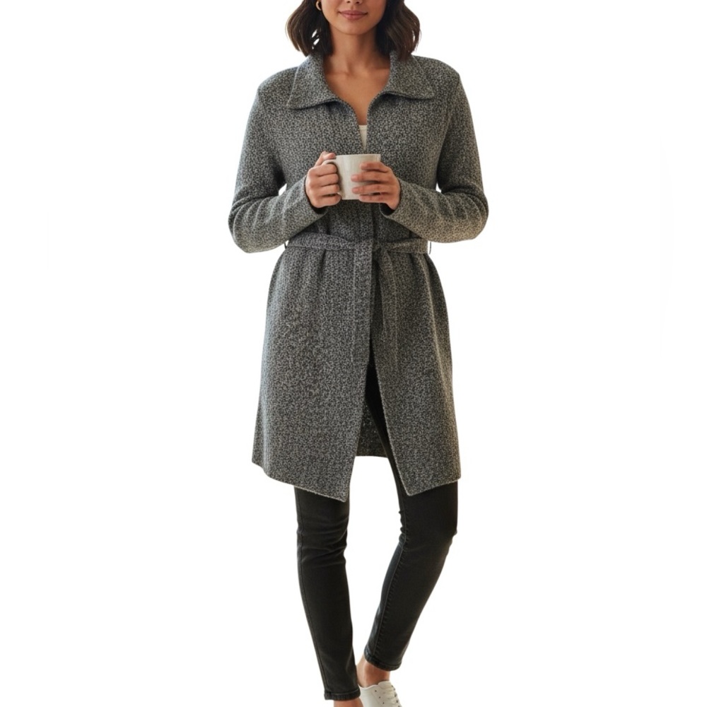 Damask Gray Knit Cardigan Jacket Belted Zip Front Long Sleeve Sweater Layering
